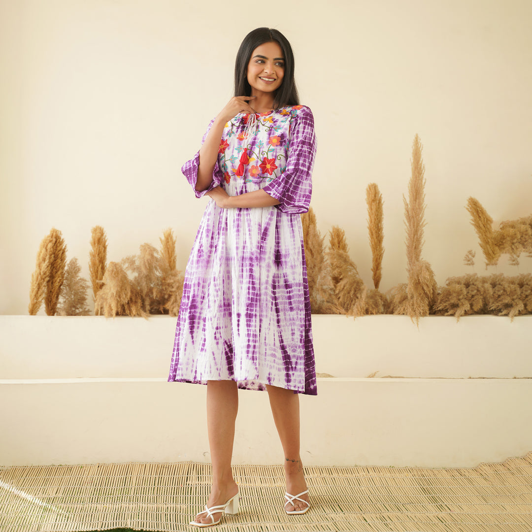 Embroidered Purple Tie Dyed Cotton Midi Dress