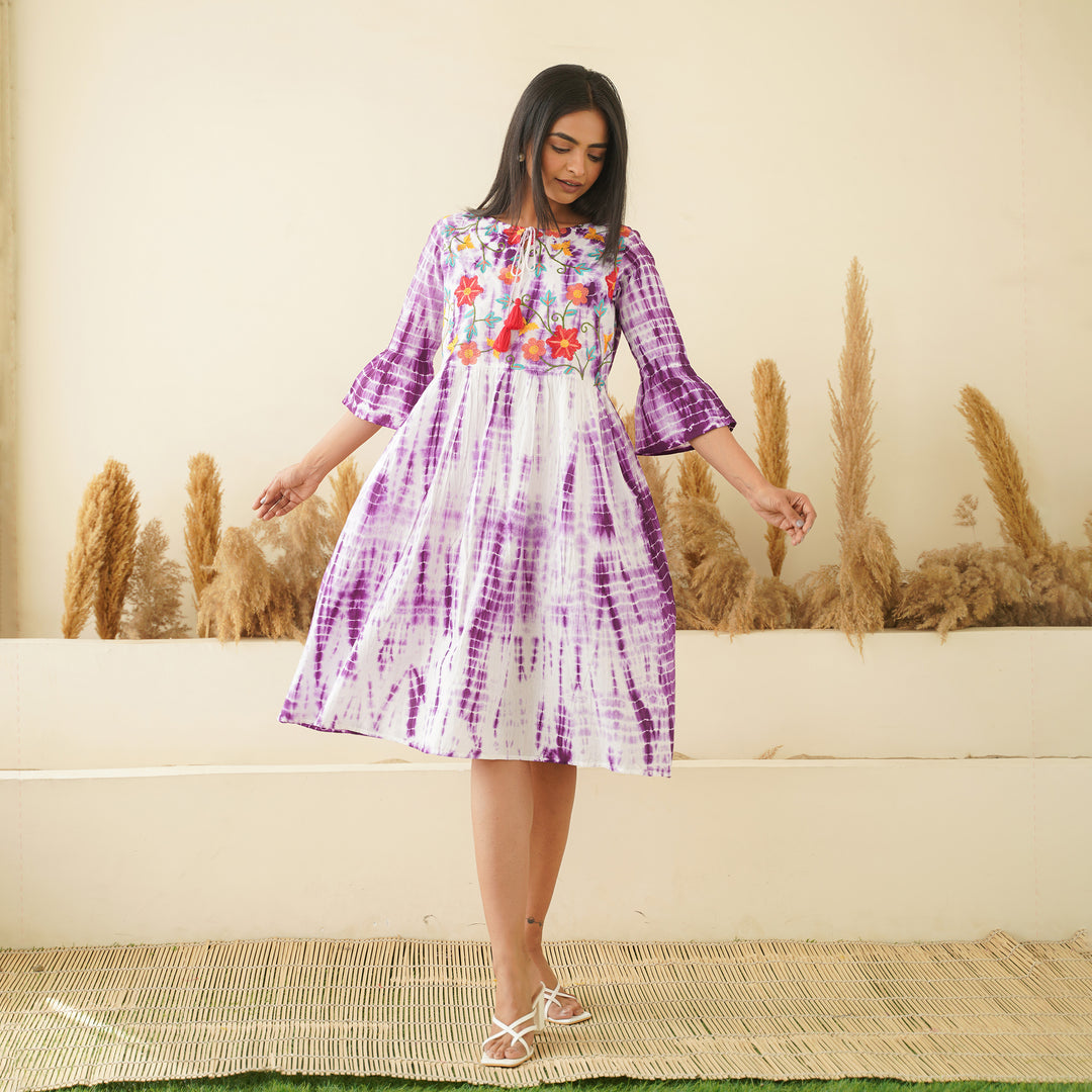 Embroidered Purple Tie Dyed Cotton Midi Dress