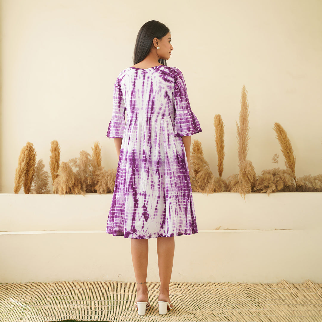 Embroidered Purple Tie-Dye Mom and Daughter Cotton Dresses