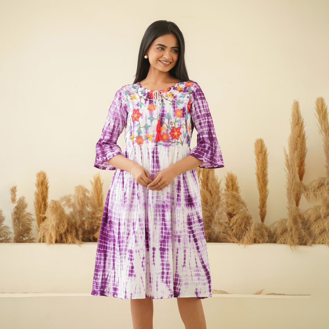 Embroidered Purple Tie Dyed Cotton Midi Dress