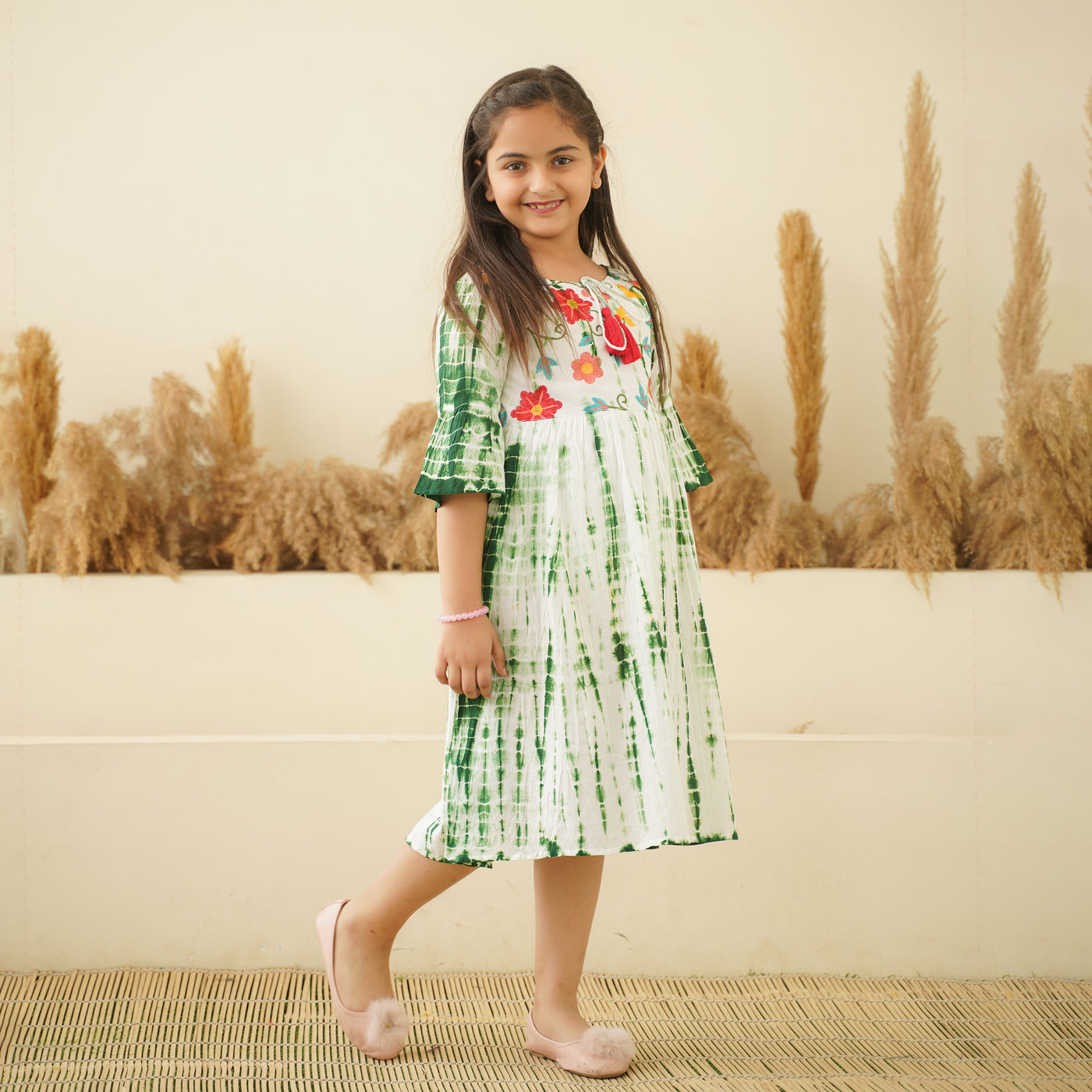Embroidered Green Tie-Dye Mom and Daughter Cotton Dresses