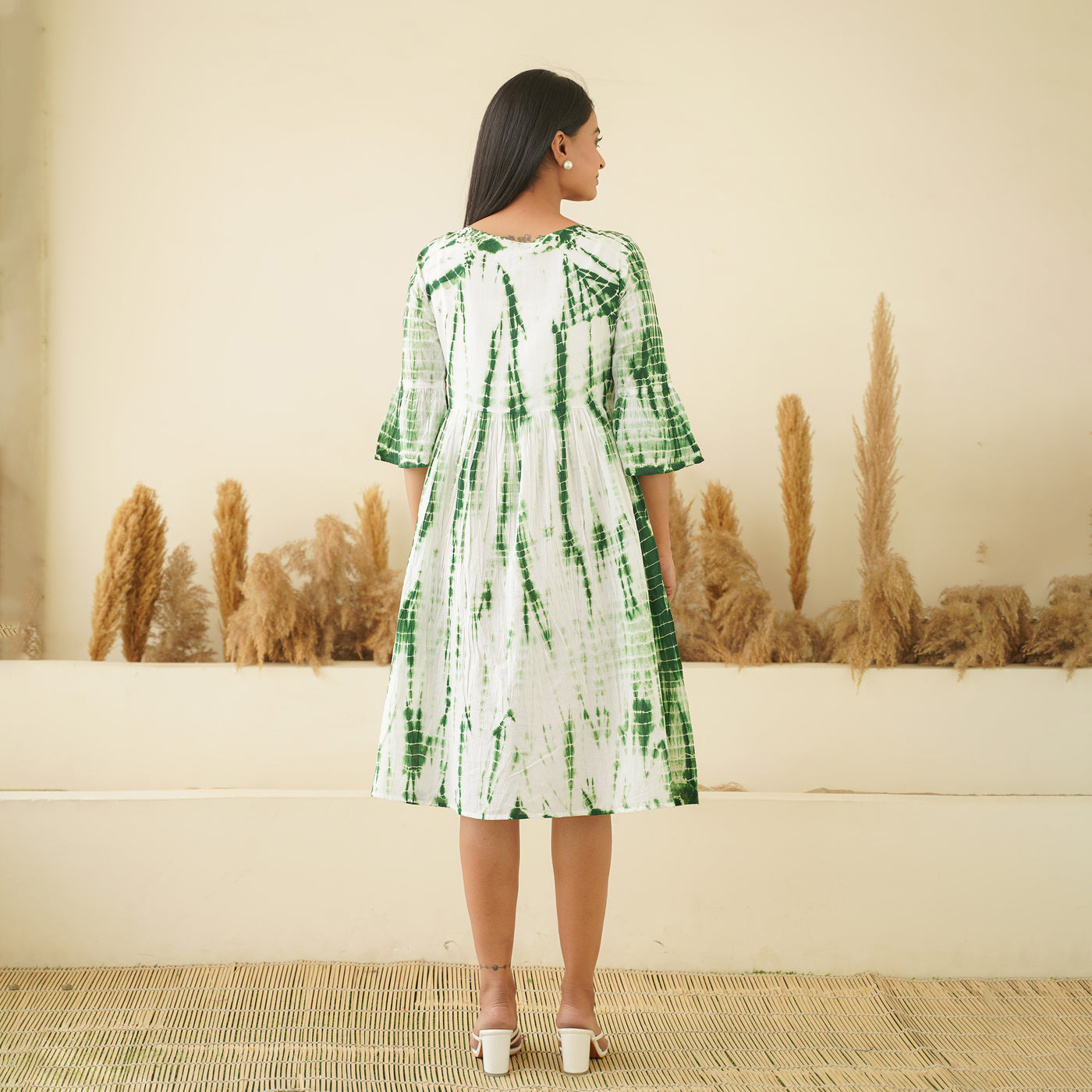 Embroidered Green Tie Dyed Cotton Midi Dress