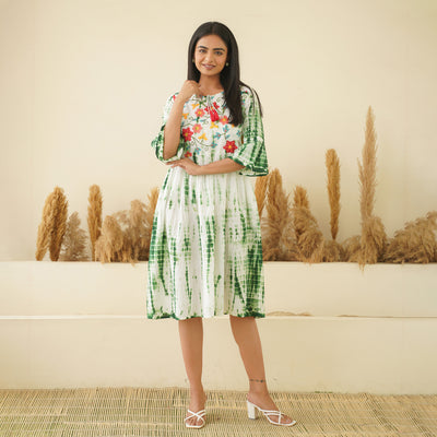 Embroidered Green Tie-Dye Mom and Daughter Cotton Dresses