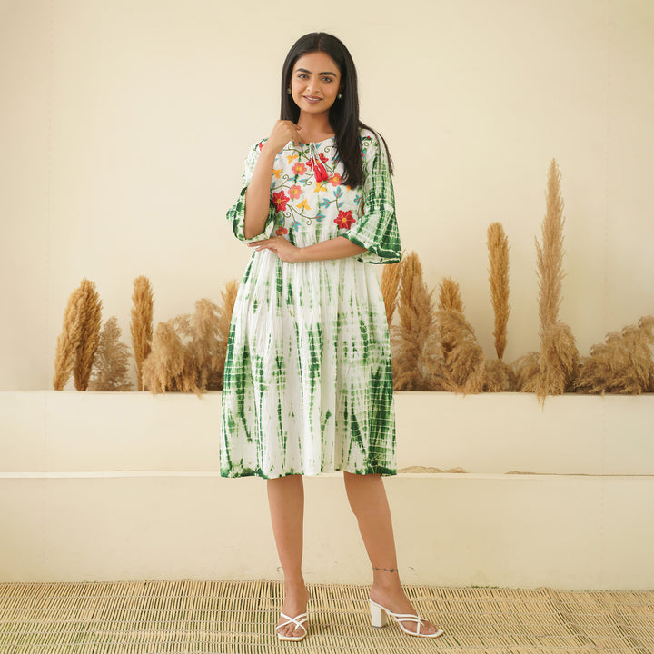 Embroidered Green Tie Dyed Cotton Midi Dress