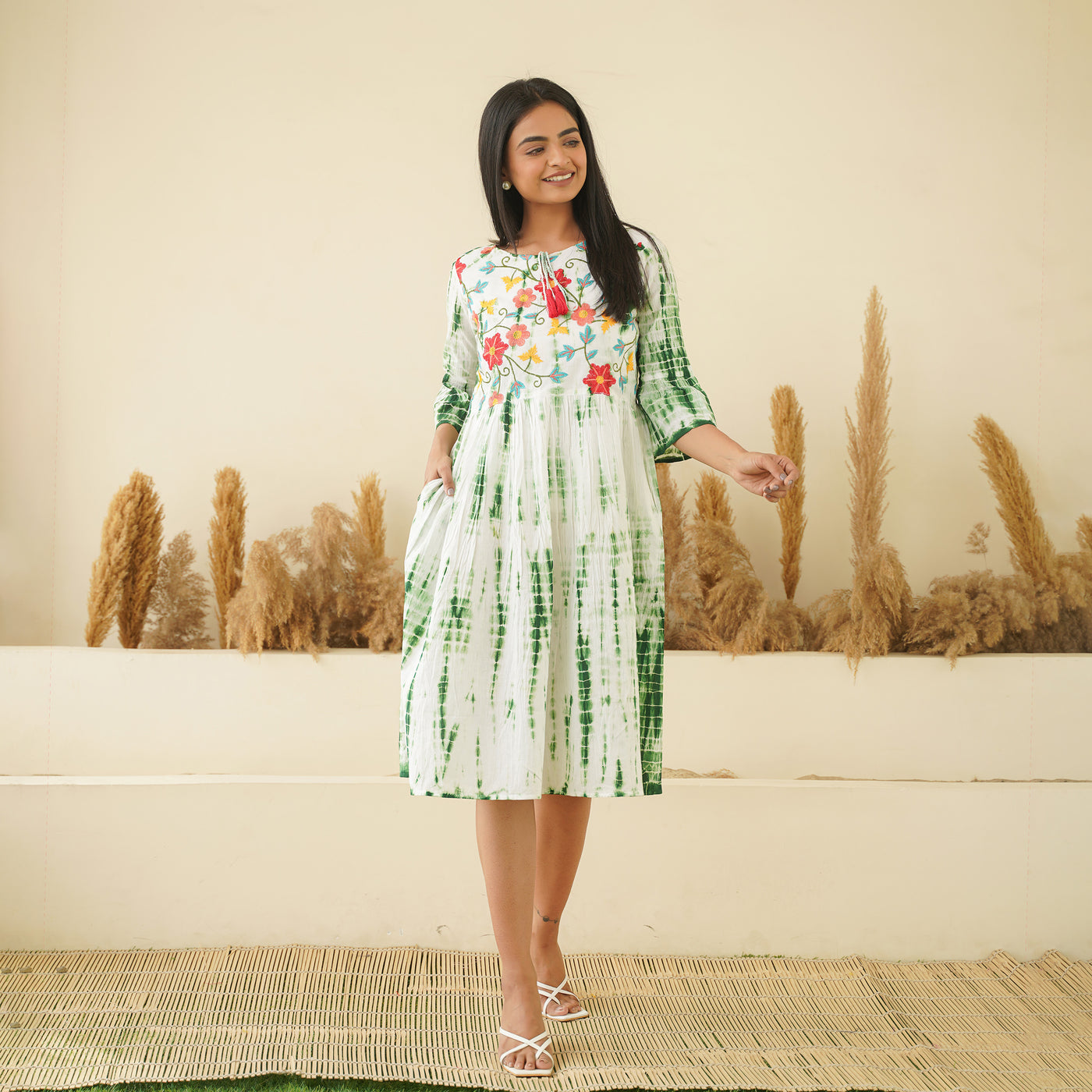 Embroidered Green Tie-Dye Mom and Daughter Cotton Dresses