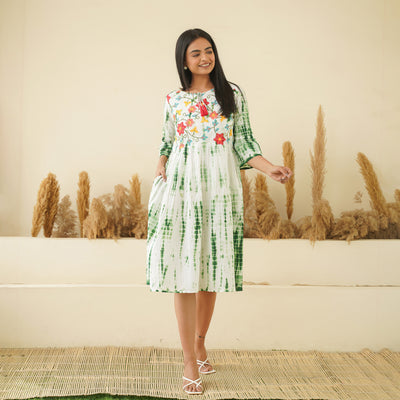 Embroidered Green Tie Dyed Cotton Midi Dress