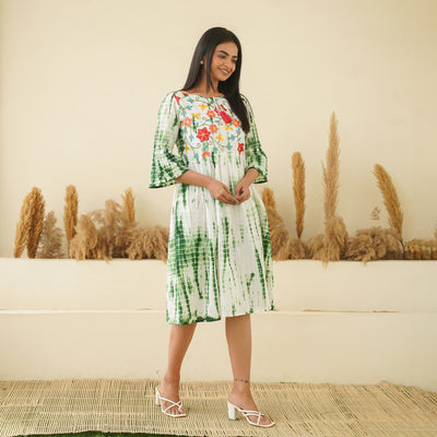 Embroidered Green Tie Dyed Cotton Midi Dress