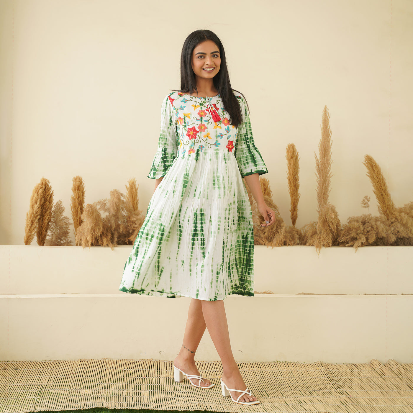 Embroidered Green Tie-Dye Mom and Daughter Cotton Dresses