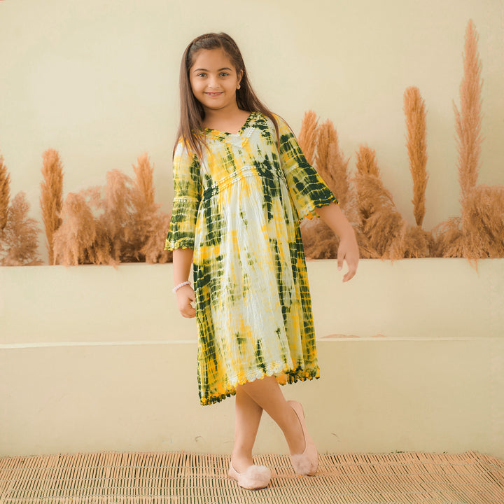 Green Radiance Tie-Dye Mom and Daughter Cotton Dresses