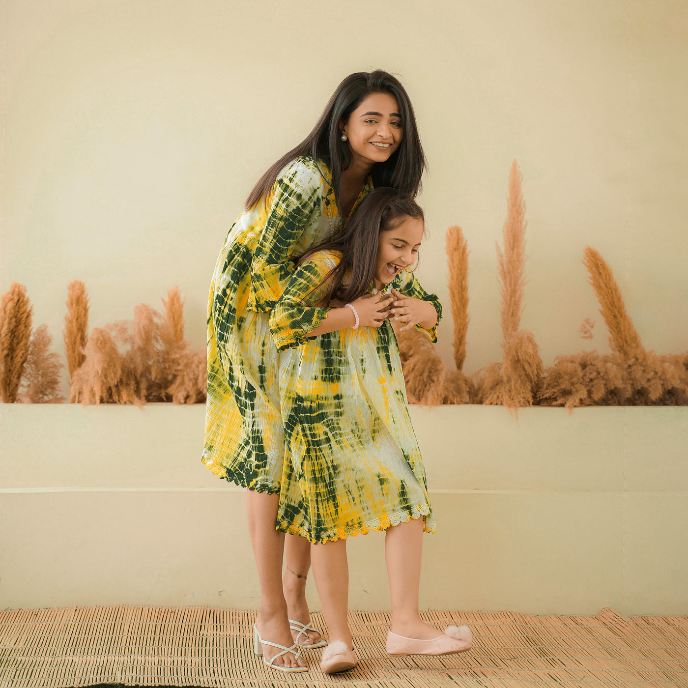 Green Radiance Tie-Dye Mom and Daughter Cotton Dresses