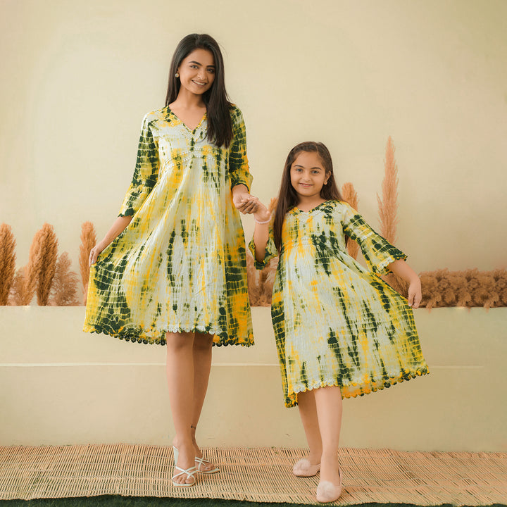 Green Radiance Tie-Dye Mom and Daughter Cotton Dresses