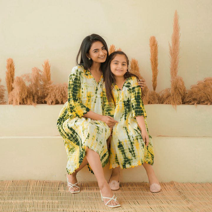 Green Radiance Tie-Dye Mom and Daughter Cotton Dresses