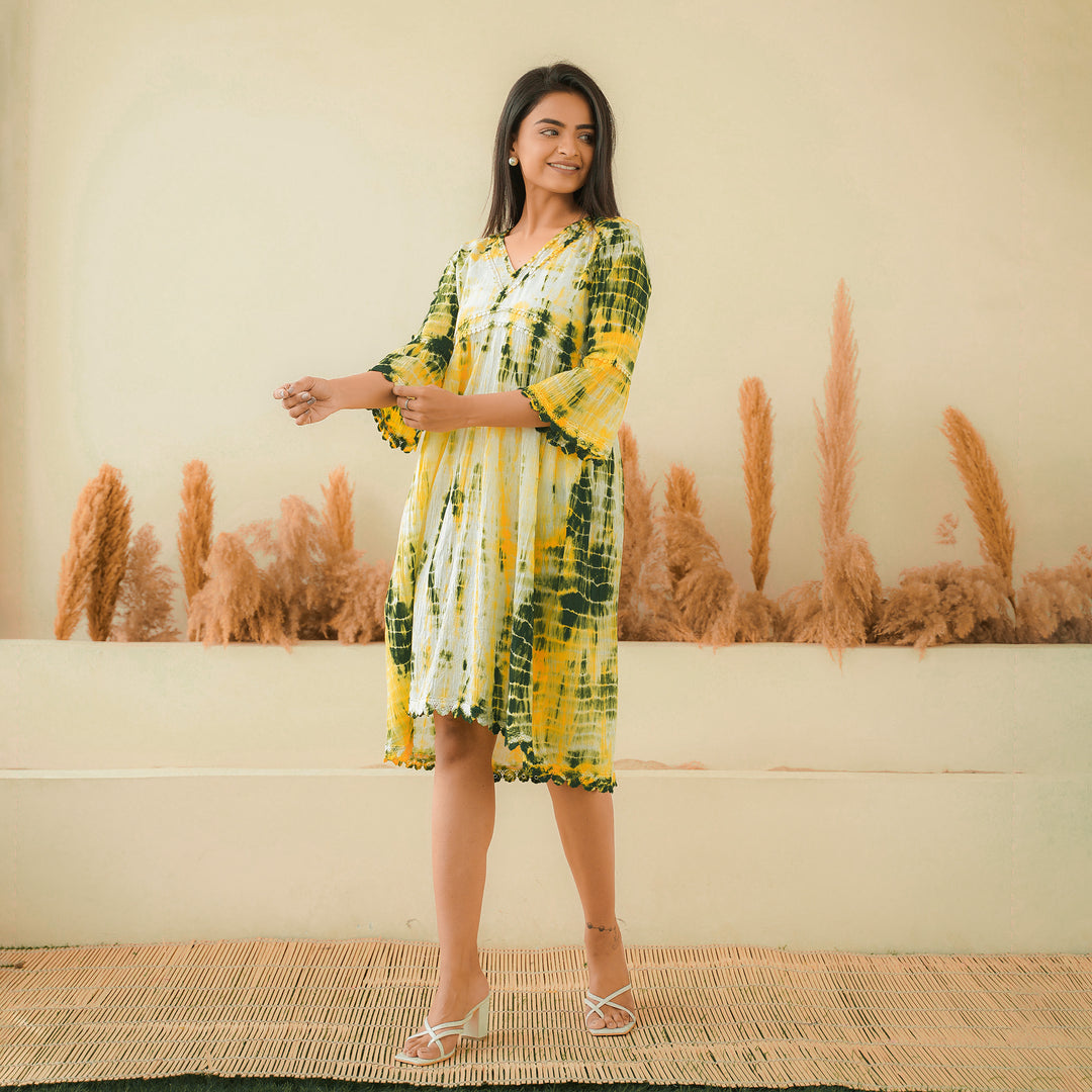 Green Radience Tie Dyed Cotton Midi Dress