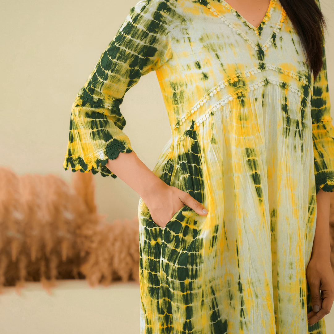 Green Radience Tie Dyed Cotton Midi Dress