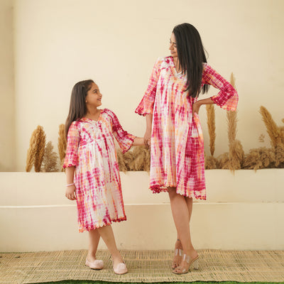 Pink Radiance Tie-Dye Mom and Daughter Cotton Dresses