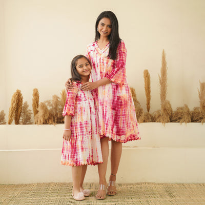 Pink Radiance Tie-Dye Mom and Daughter Cotton Dresses