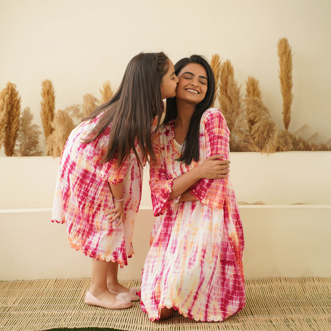 Pink Radiance Tie-Dye Mom and Daughter Cotton Dresses