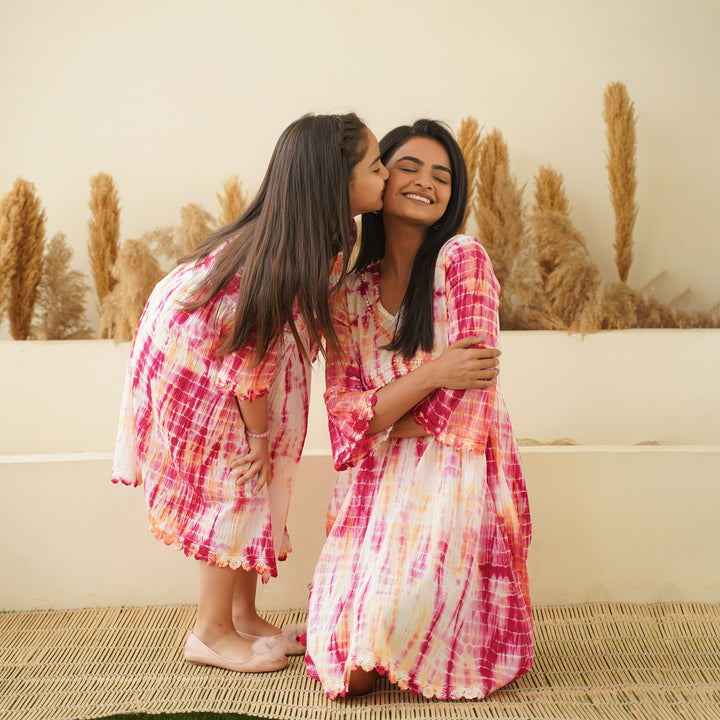 Pink Radiance Tie-Dye Mom and Daughter Cotton Dresses