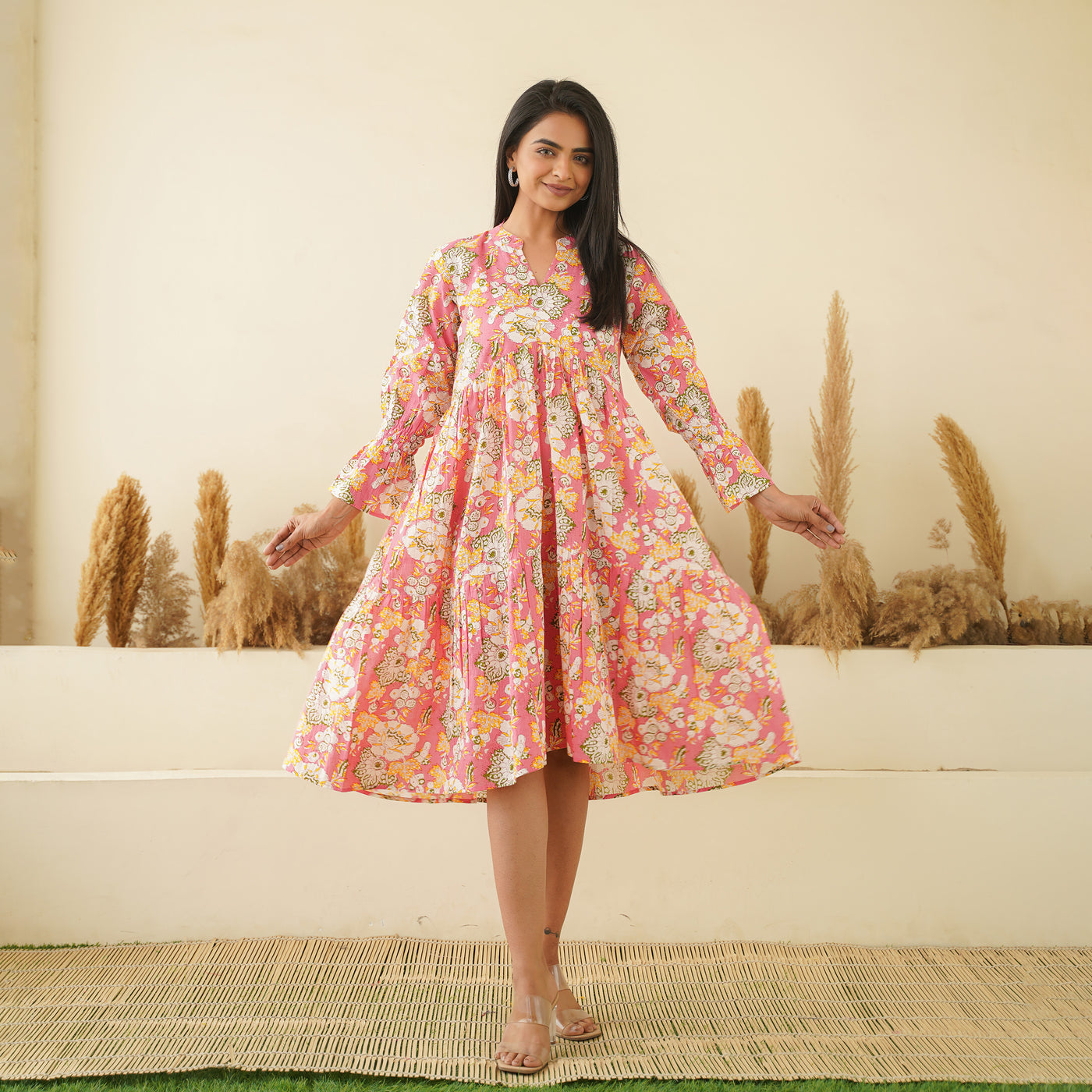 'Peach Paradise' Cotton Midi Dress with Pockets