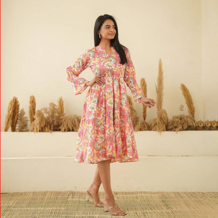 'Peach Paradise' Cotton Midi Dress with Pockets