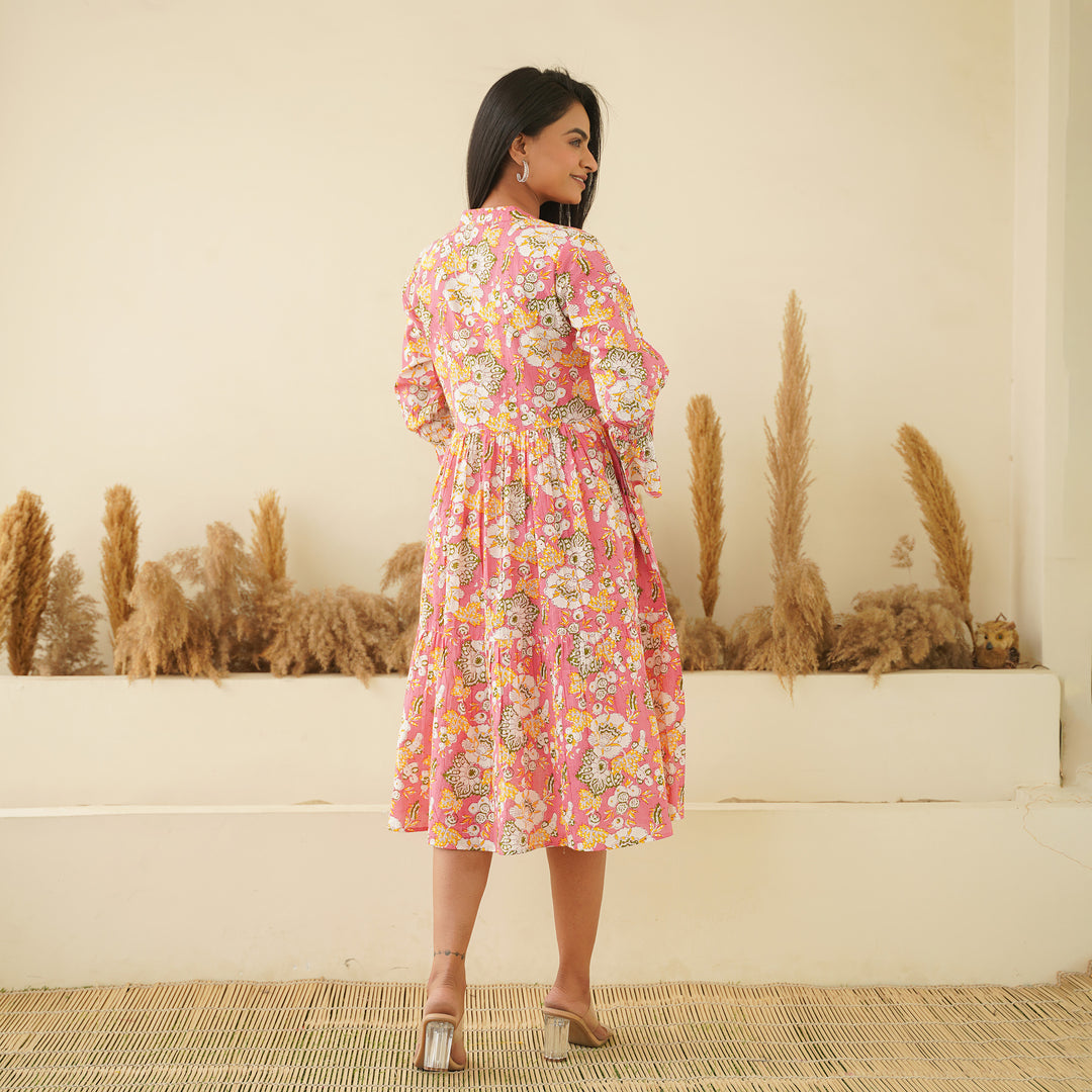 'Peach Paradise' Cotton Midi Dress with Pockets