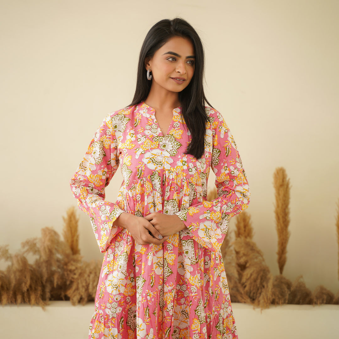 'Peach Paradise' Cotton Midi Dress with Pockets