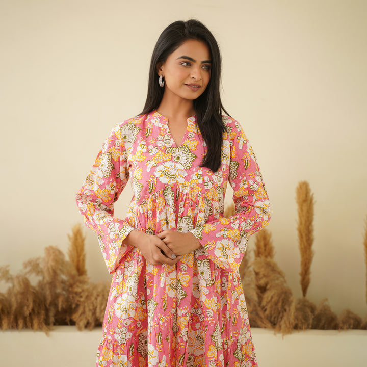 'Peach Paradise' Cotton Midi Dress with Pockets