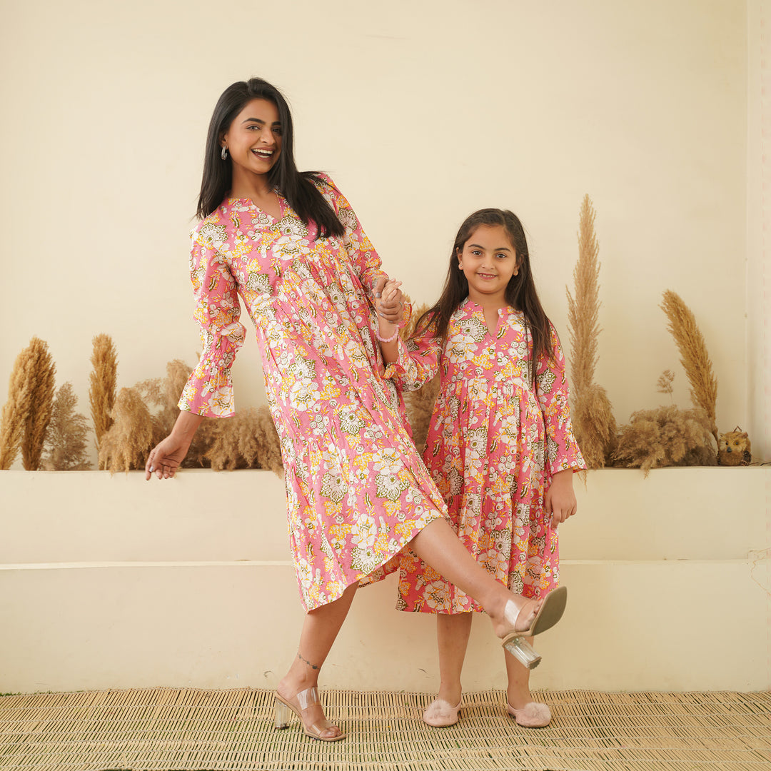 'Peach Paradise' Mom and Daughter Tiered Cotton Dresses