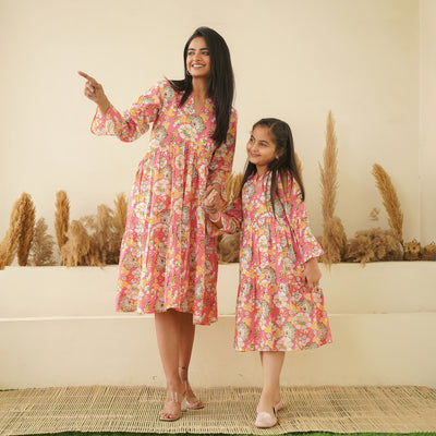 'Peach Paradise' Mom and Daughter Tiered Cotton Dresses