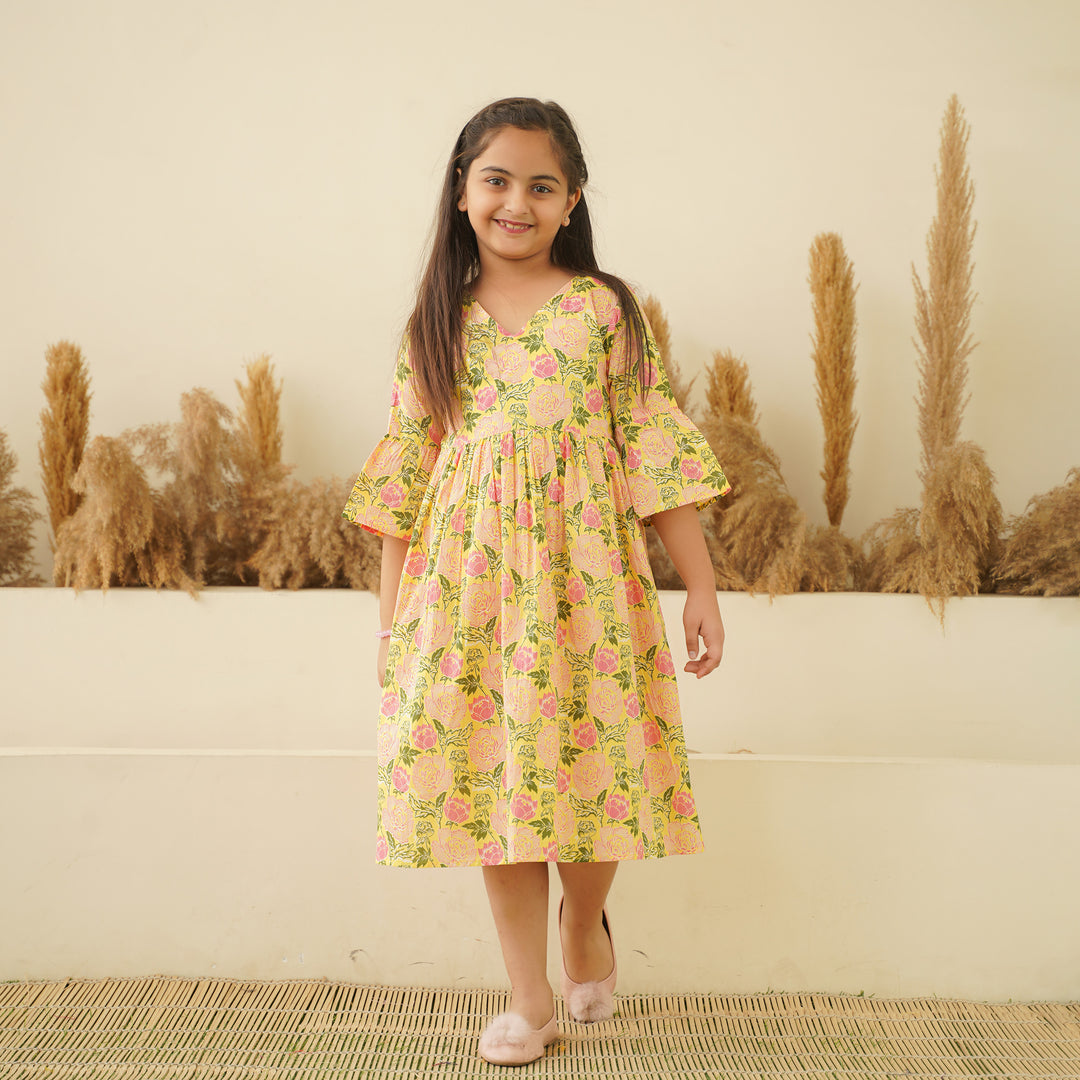 Pastel Yellow Mom and Daughter Cotton Dresses