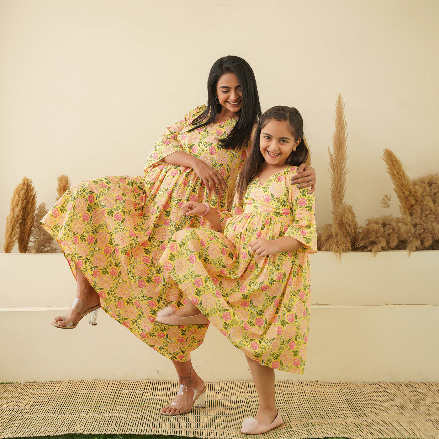 Pastel Yellow Mom and Daughter Cotton Dresses