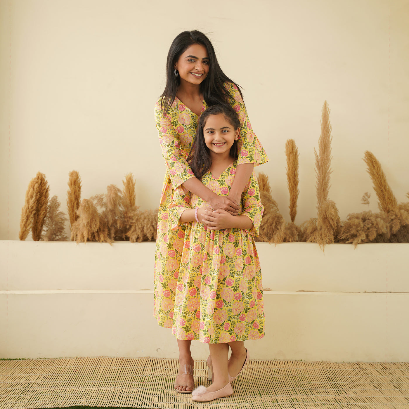 Pastel Yellow Mom and Daughter Cotton Dresses