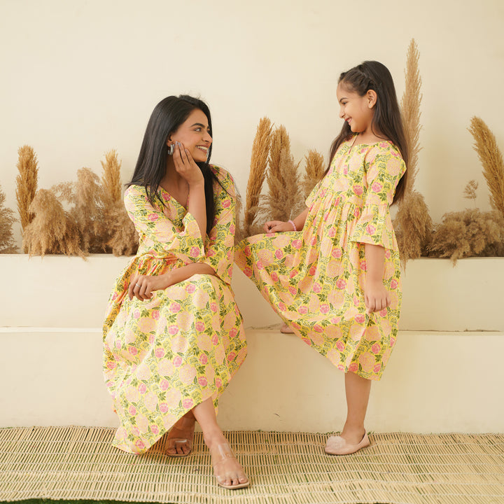 Pastel Yellow Mom and Daughter Cotton Dresses