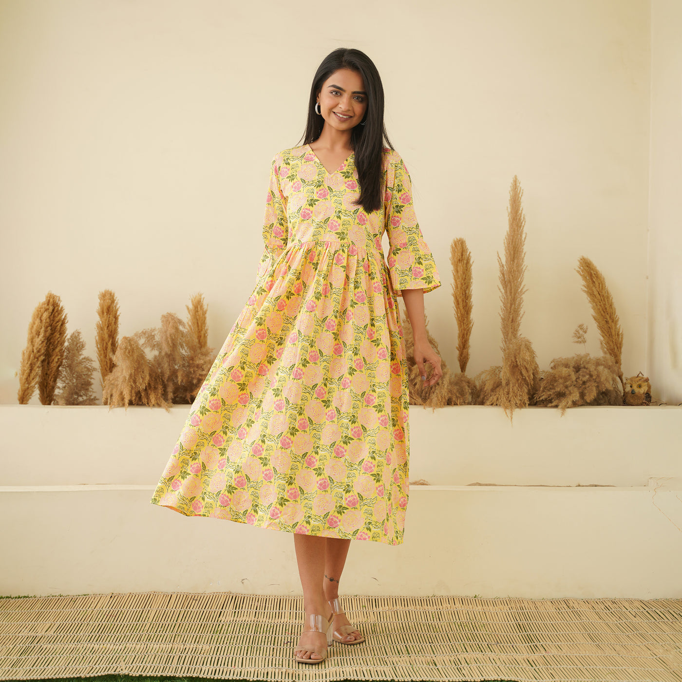 Pastel Yellow Cotton Midi Dress with Pockets