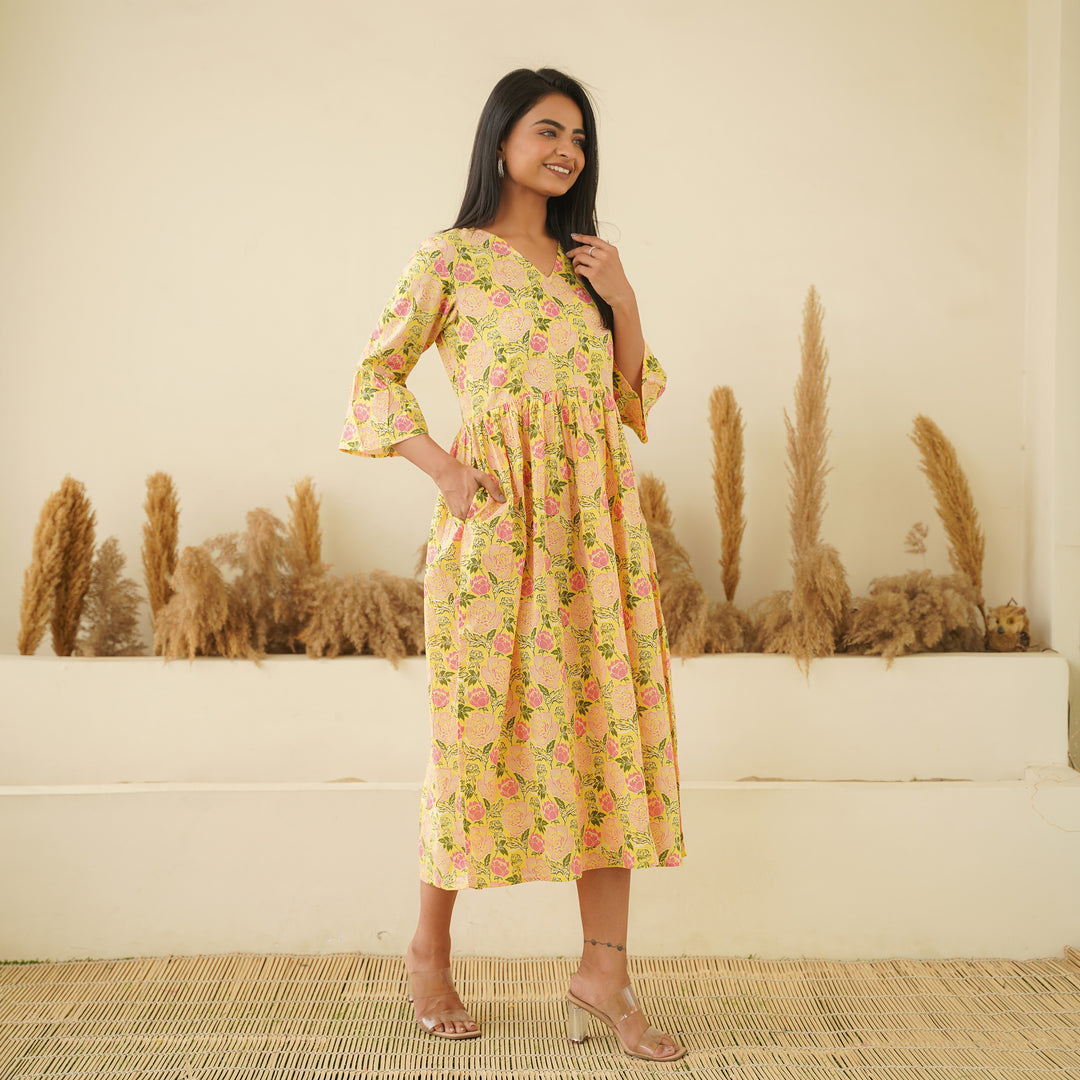 Pastel Yellow Cotton Midi Dress with Pockets