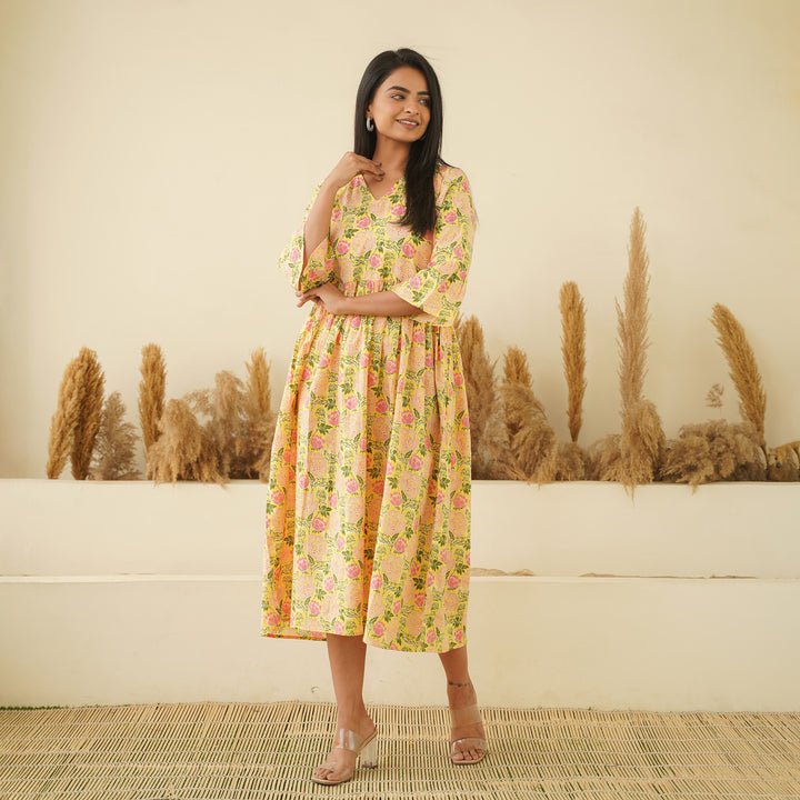 Pastel Yellow Cotton Midi Dress with Pockets