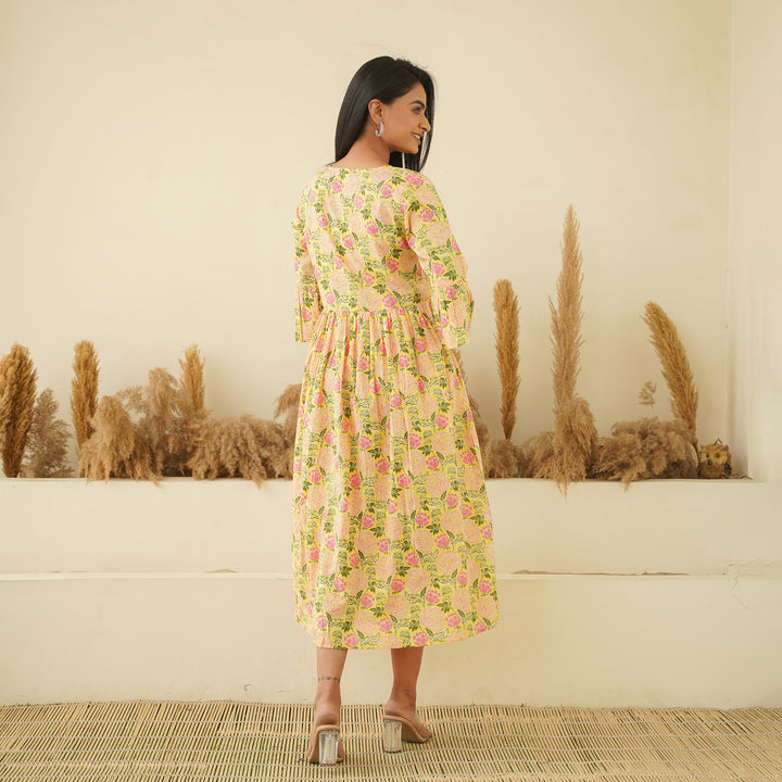 Pastel Yellow Cotton Midi Dress with Pockets