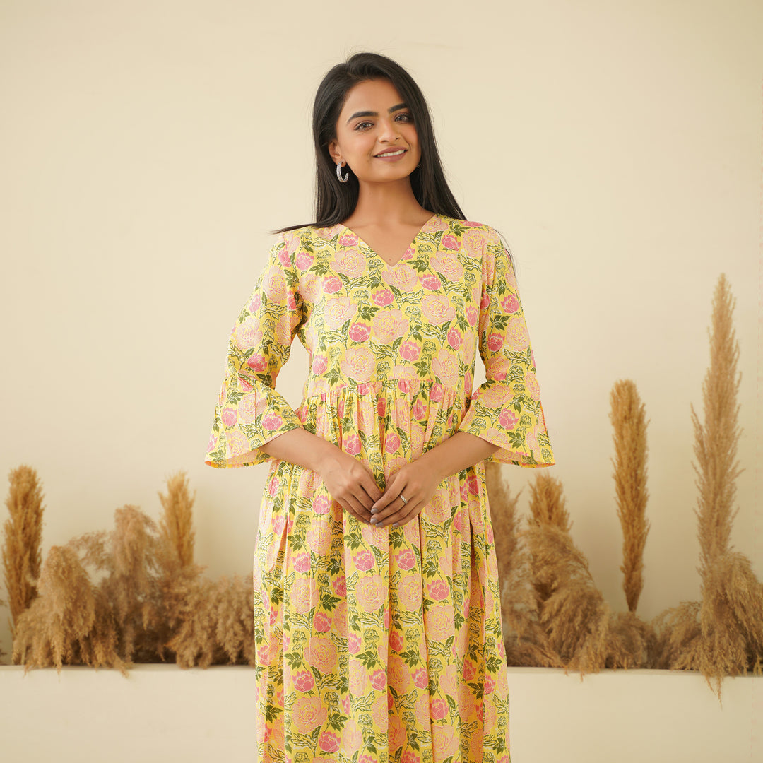 Pastel Yellow Cotton Midi Dress with Pockets