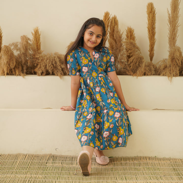 Garden on Blue Tiered Mom and Daughter Cotton Dresses