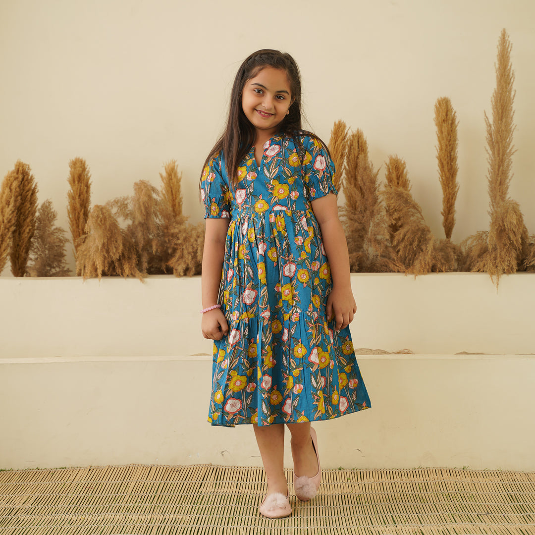 Garden on Blue Tiered Mom and Daughter Cotton Dresses