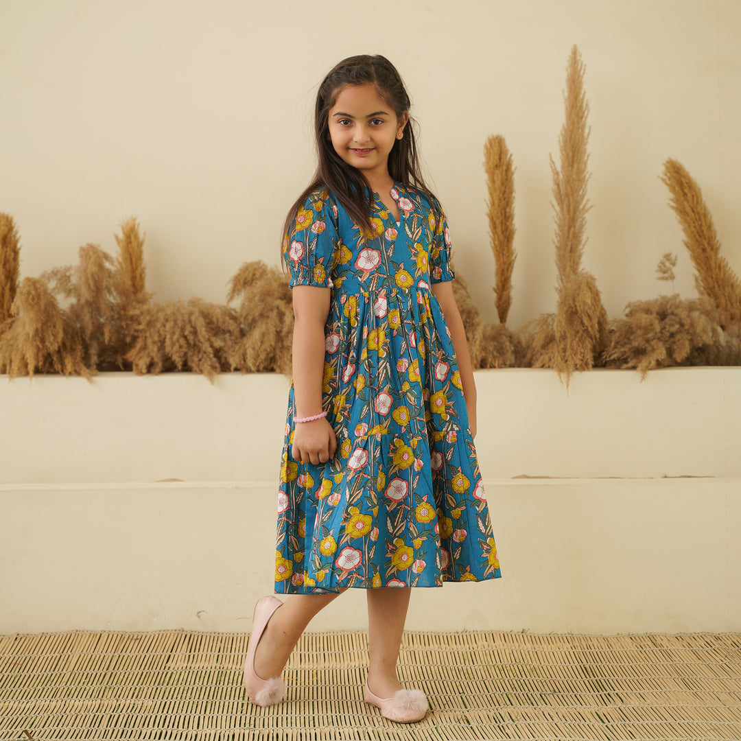 Garden on Blue Tiered Mom and Daughter Cotton Dresses