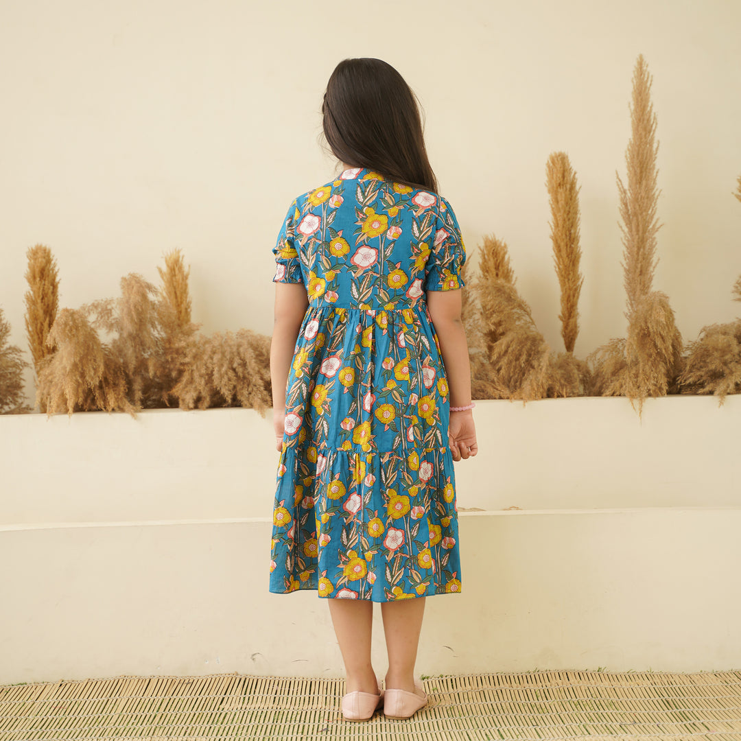 Garden on Blue Girl's Cotton Dress