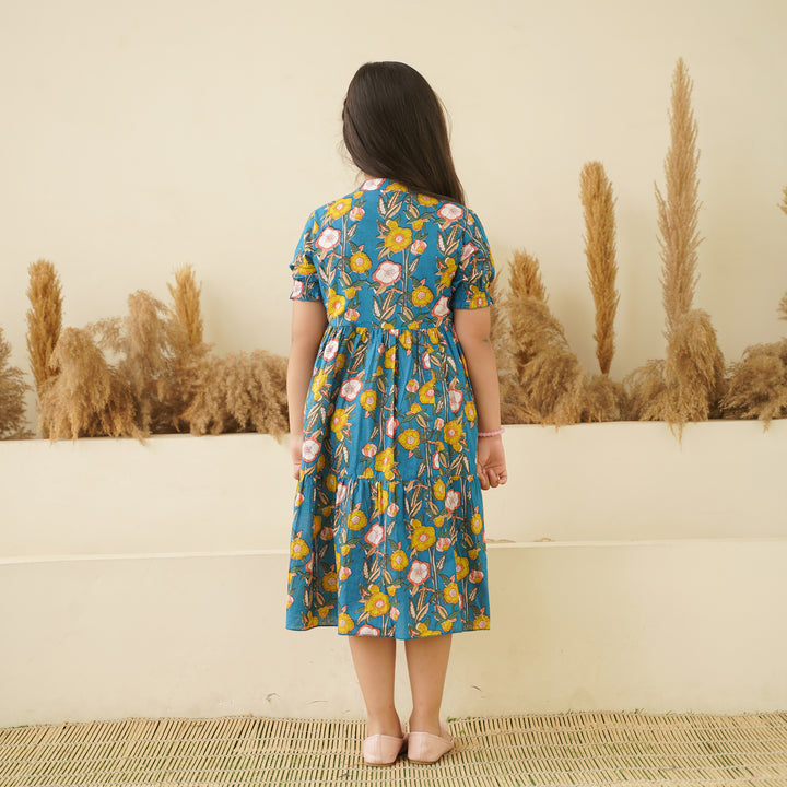 Garden on Blue Girl's Cotton Dress