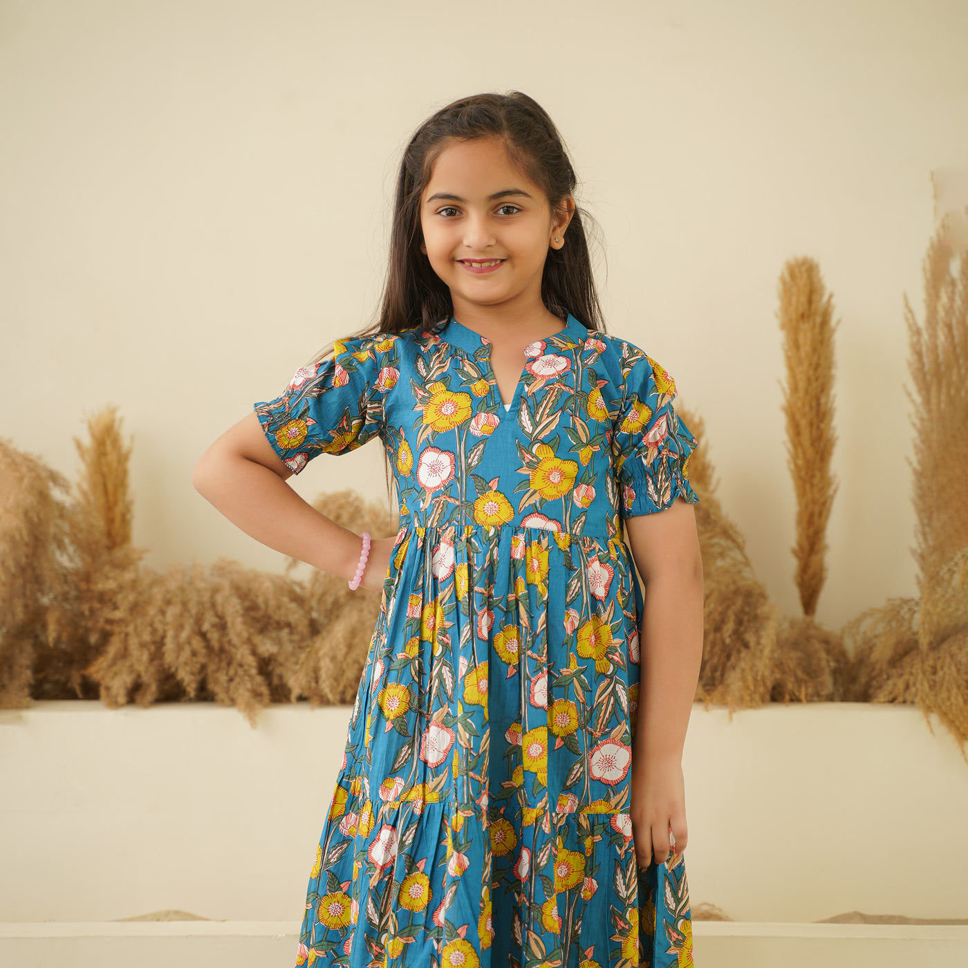 Garden on Blue Girl's Cotton Dress