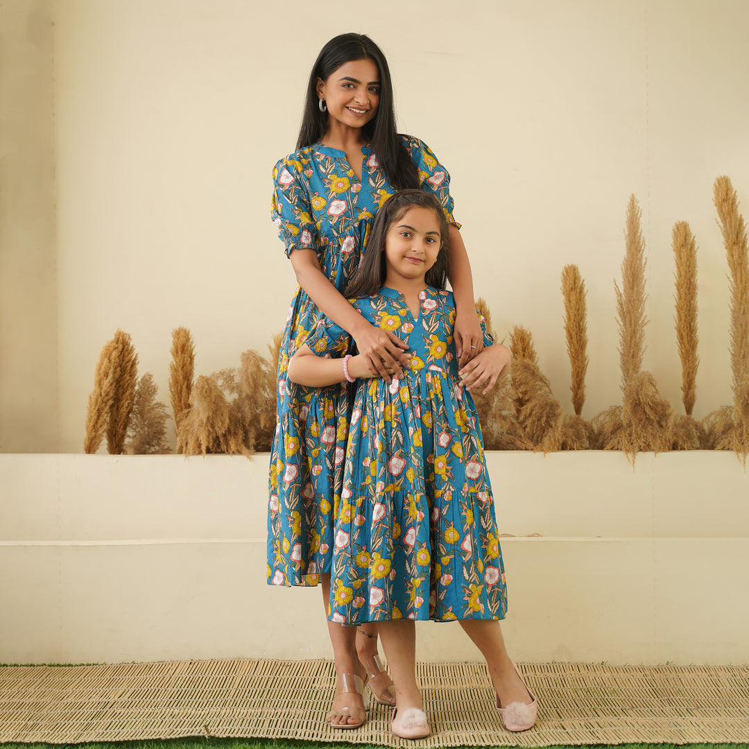 Garden on Blue Tiered Mom and Daughter Cotton Dresses