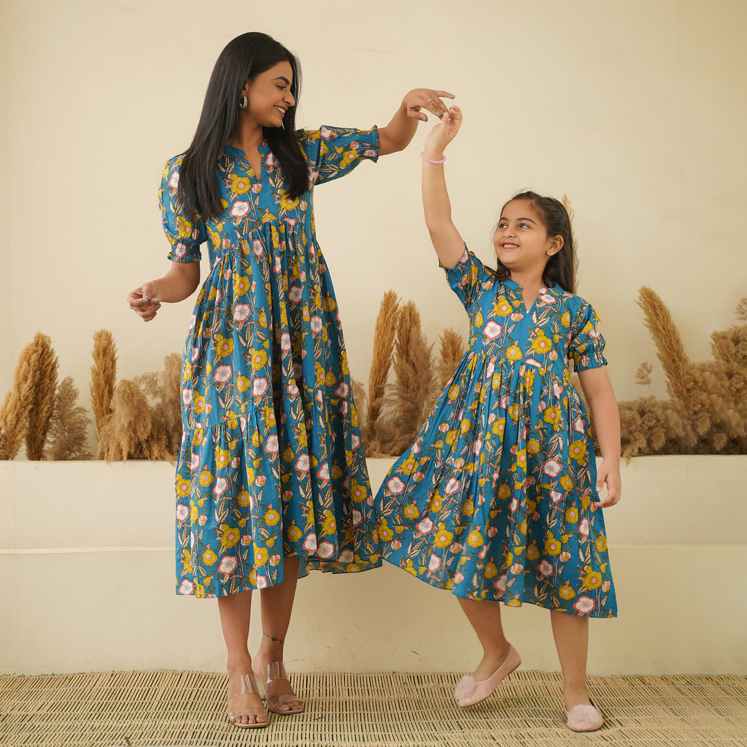 Garden on Blue Tiered Mom and Daughter Cotton Dresses