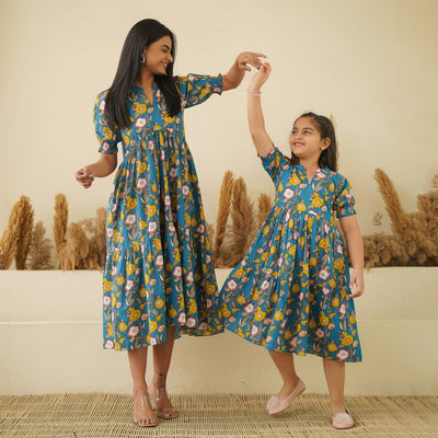 Garden on Blue Tiered Mom and Daughter Cotton Dresses