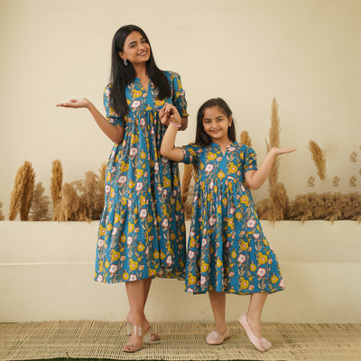 Garden on Blue Tiered Mom and Daughter Cotton Dresses