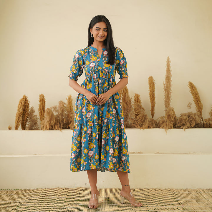 Garden on Blue Tiered Cotton Midi Dress with Pockets