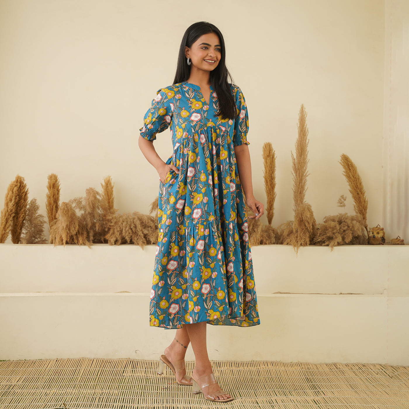 Garden on Blue Tiered Cotton Midi Dress with Pockets
